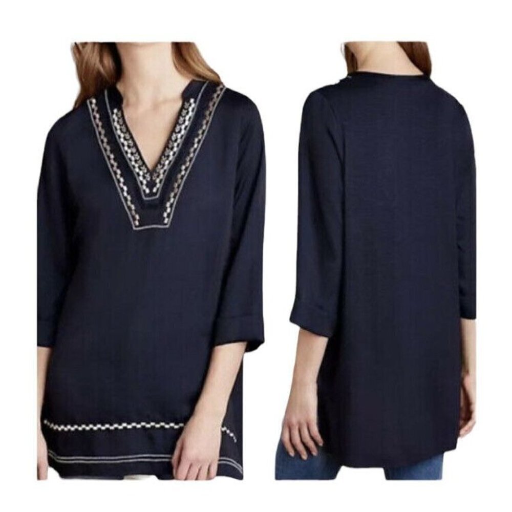 Dolan Anthropologie Navy Blue Grand Bazaar Embroidered Tunic Top Size Medium
